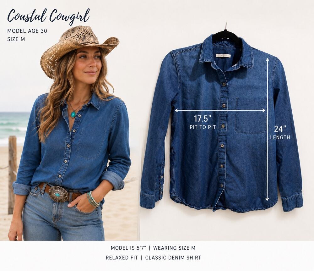 7 for all mankind Indigo Chambray Shirt Size M Easy Western Coastal Cowgirl